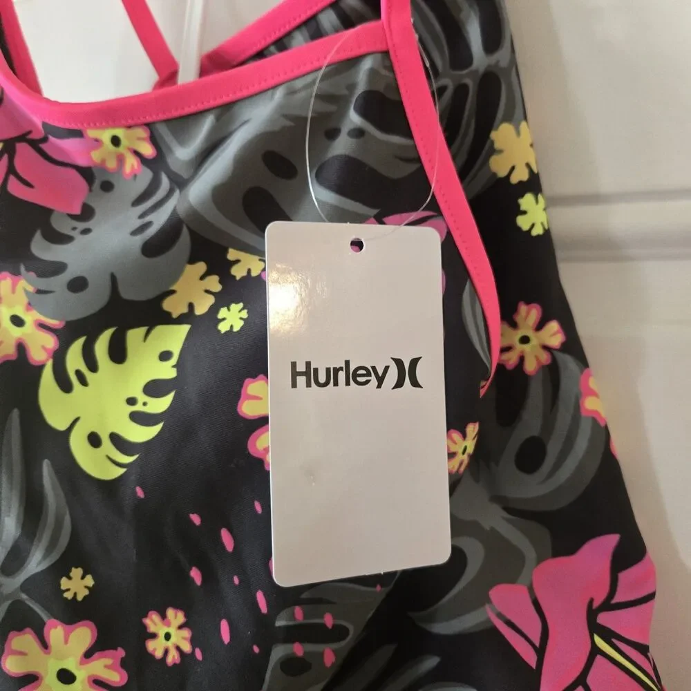 Hurley Girls XL 18/20 Tankini Swimsuit 2 Piece Tropical Floral Black Pink NWT